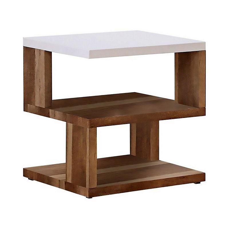 End Table with 2 Tier Shelves and Panel Legs， Brown and White