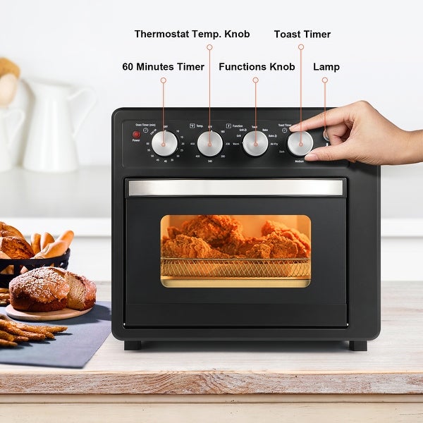 1500W 8-Slice Stainless Steel Simple Deluxe Air Fryer Oven with 6 Accessories Included ， 25L Large Capacity， Black