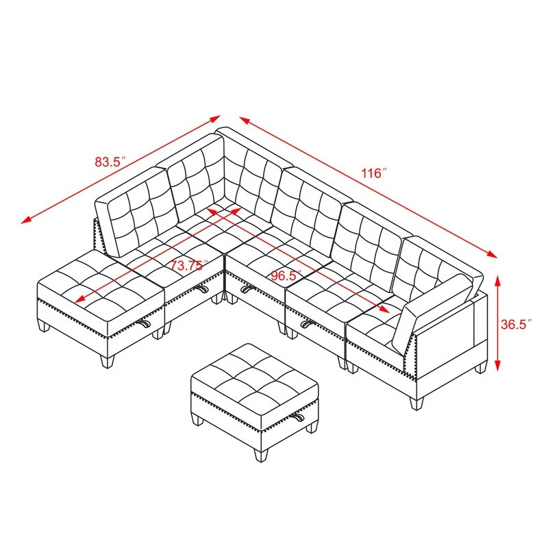 L Shape 7 Pieces Velvet Sectional Sofa DIY Combination  Includes Three Single Chair  Two Corner and Two Ottoman