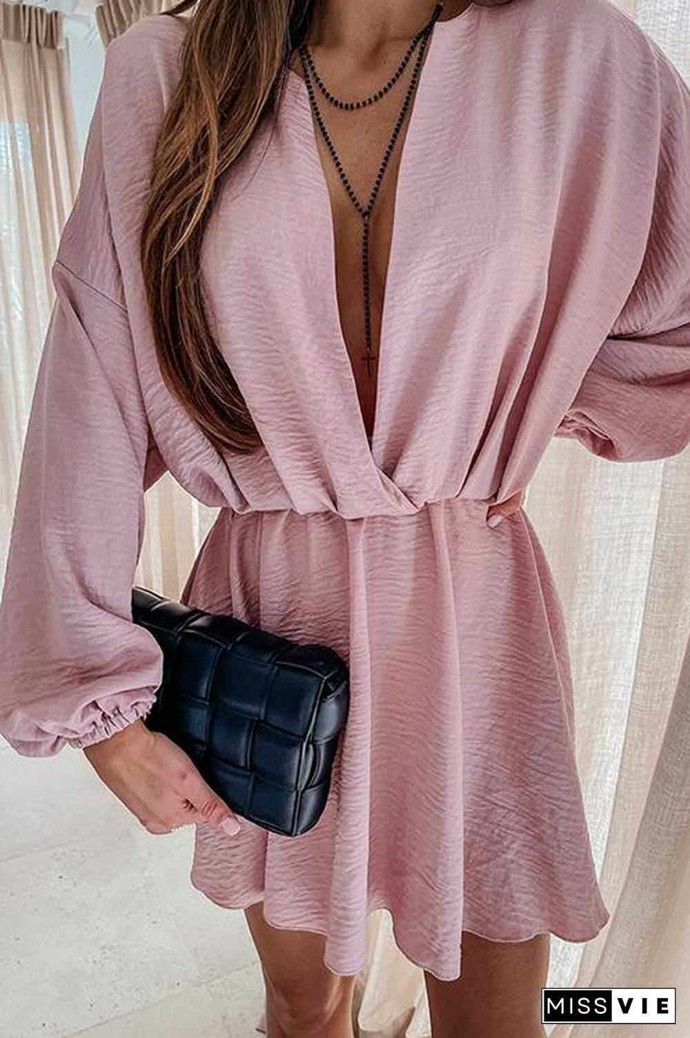 V Neck Loose Long Sleeve Mini Dress