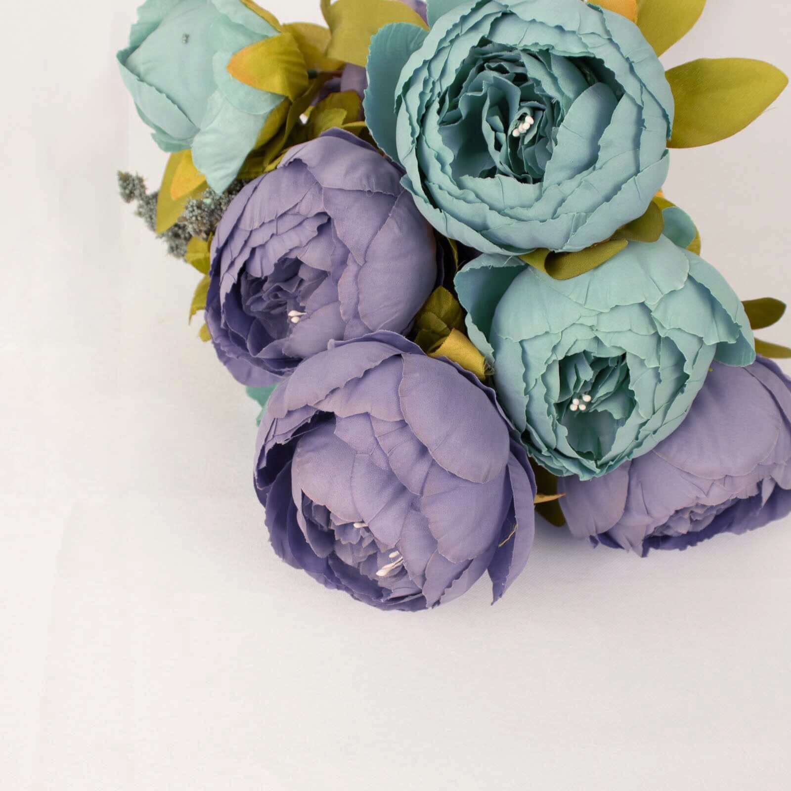 2 Pack Dusty Blue Artificial Peony Flower Wedding Bouquets, Faux Silk Flower Arrangements 19