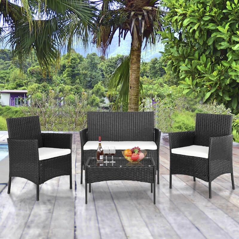 Outdoor 4 Piece Black Wicker Rattan Conversation Set with Beige Cushion