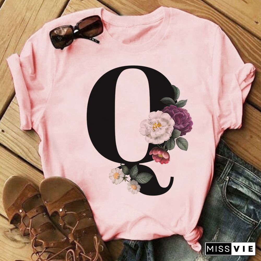 26 Letter Alphabet A-Z Women T-Shirts Fashion Breathable Flowers Short Sleeve Casual Tops Couple Basic Tee Crew Neck Clothes Top