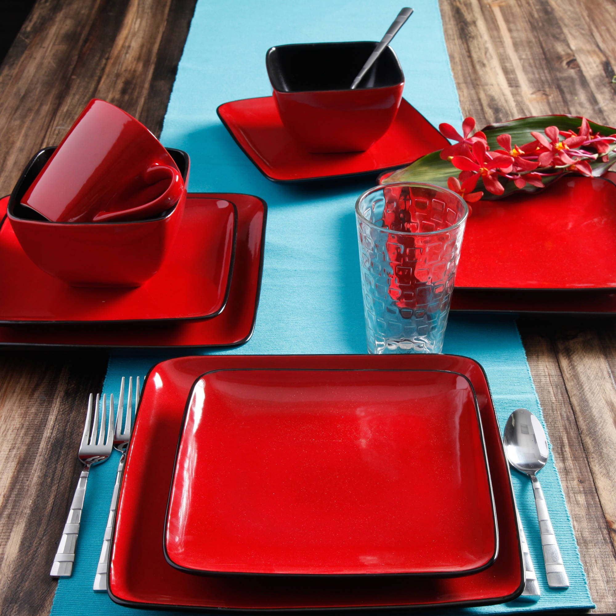 Better Homes and Gardens Rave Square Dinnerware， Red， Set Of 16