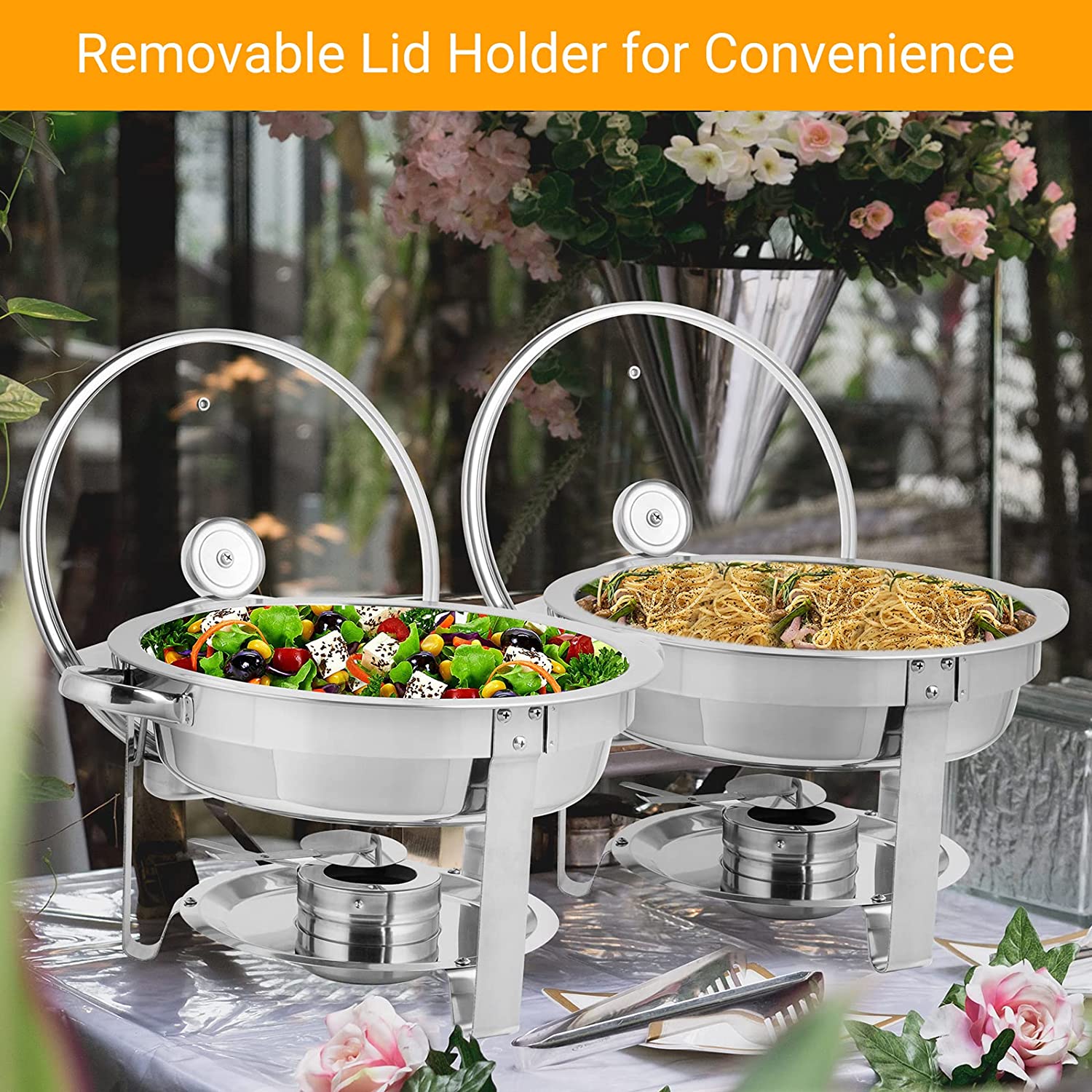 ROVSUN 5 Qt 2 Pack Round Chafing Dish Buffet Set with Glass Lid and Lid Holder