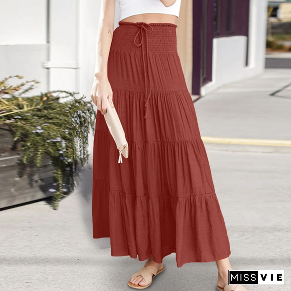 ZANZEA Women Summer Elastic Waist Casual Loose Party Evening Long Skirts Tiered Maxi Dresses