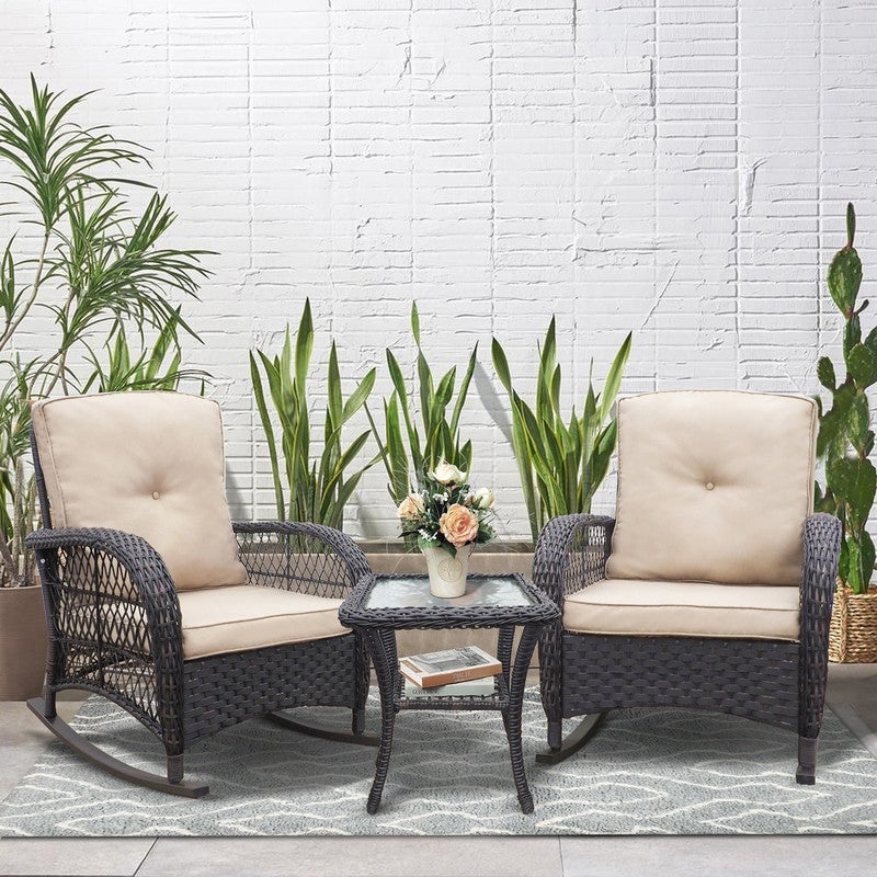 3-Pieces Conversation Set， Outdoor Wicker Rocker Swivel Patio Bistro Set， Rocking Chair with Glass Top Side Table for Garden - Overstock - 38006823