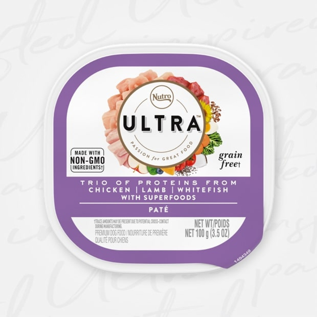 Nutro Ultra Trio of Proteins Grain-Free Chicken， Lamb and Whitefish Pate Wet Adult Dog Food Tray， 3.5oz.