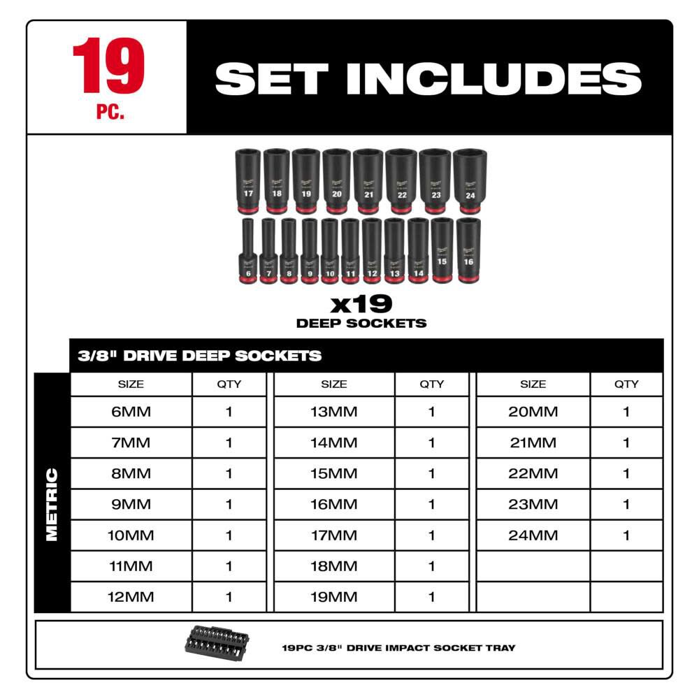 MW SHOCKWAVE Impact Duty Socket 3/8 Dr 19pc MM Tray Set 49-66-6816 from MW