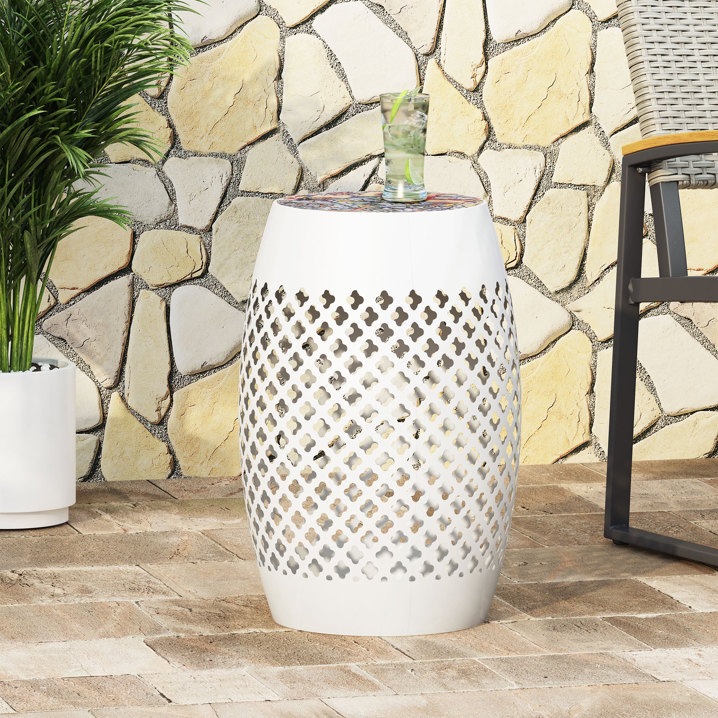 Kalyse Outdoor Lace Cut Side Table with Tile Top