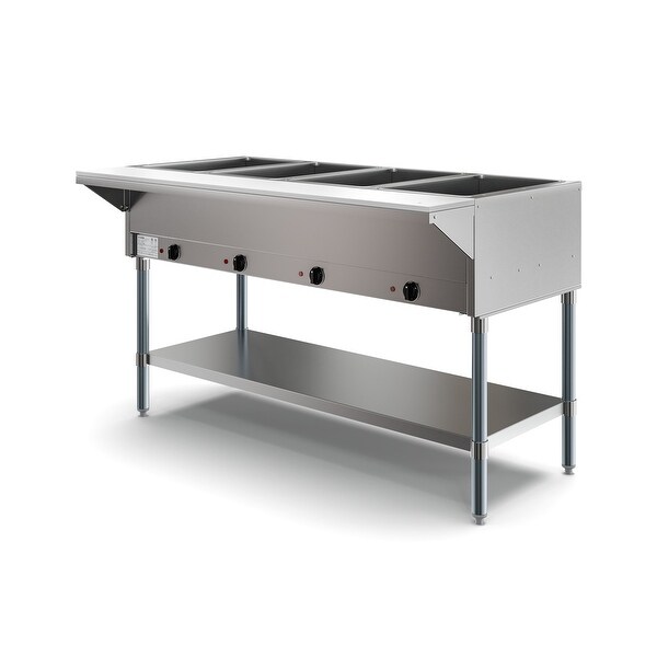 4-Pan Open Well Commercial Electric Stainless Steel Steam Table with Undershelf， Warming Control Knobs， and Front Serving Area