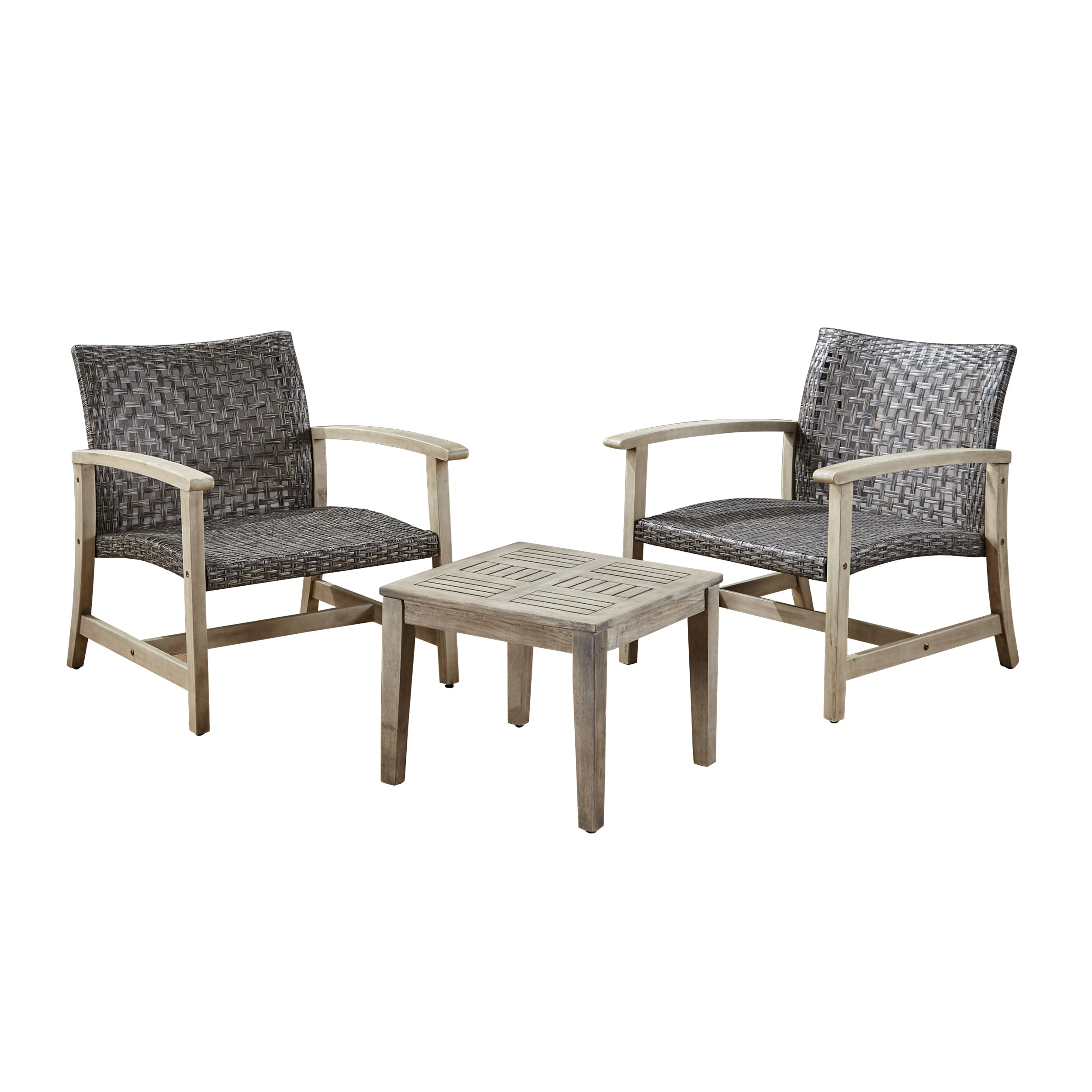 Alyssa Outdoor 3 Piece Wood and Wicker Club Chairs and Side Table Set