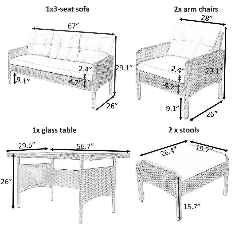 6 Piece Outdoor Patio PE Wicker Rattan Sofa Set Dining Table Set with Removable Cushions and Tempered Glass Tea Table