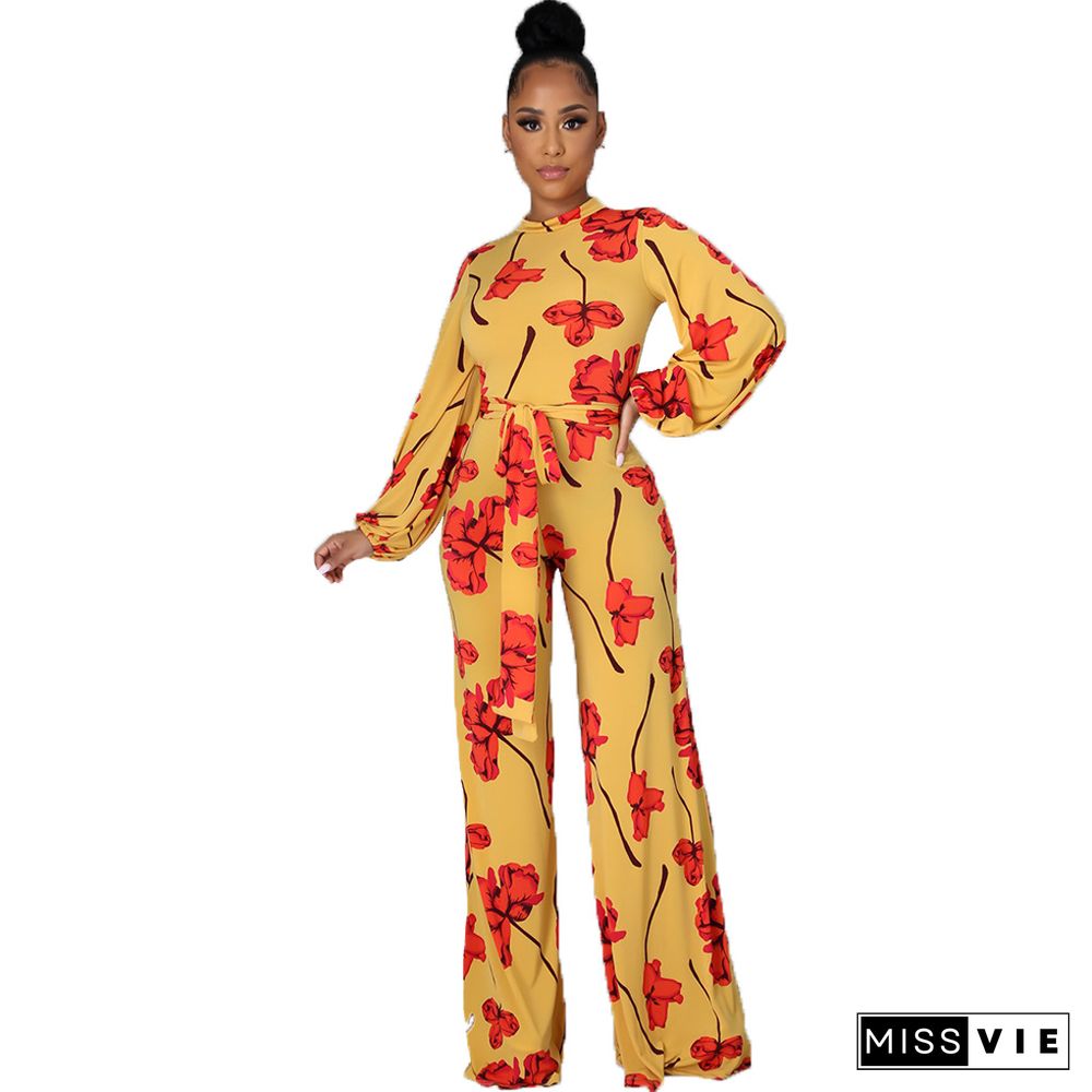 Fashion Digital Printing Spring Autumn O-Neck Long Sleeve Belted One Piece Wide Leg Jumpsuit