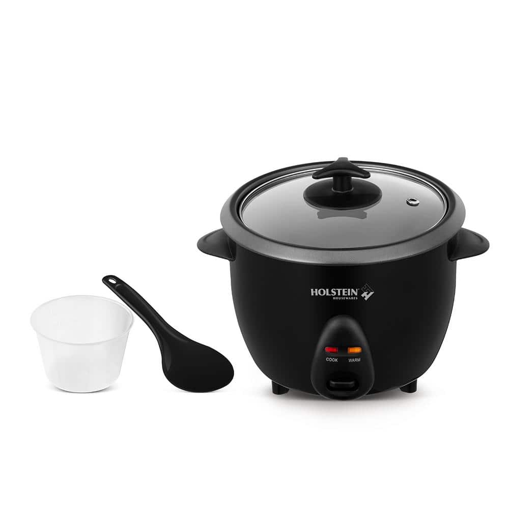 HOLSTEIN HOUSEWARES 5-Cup Black Rice Cooker with Non-Stick Inner Pot, Glass Lid, Measuring Cup, Rice Scoop, Automatic Warm and Cook Function HH-09171005B