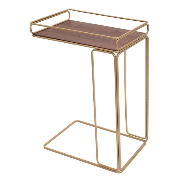 C Shaped Side Table with Metal Frame， Brown and Gold - Brown and Gold - 9.85 L x 16.15 W x 24.82 H Inches