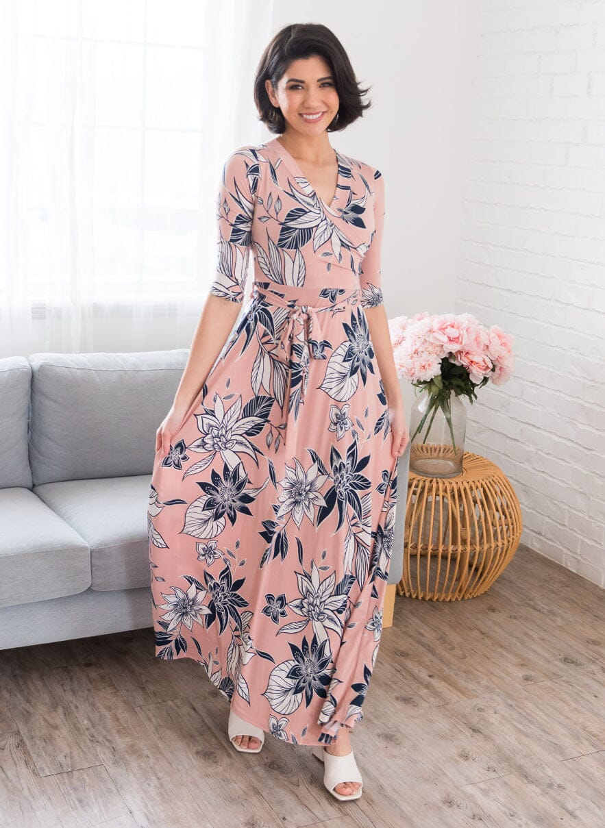 Crystal blush floral navy silhouette plain maxi dress