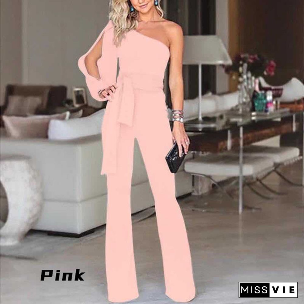 New Women Fashion Belted Overalls Pure Color Personality Oblique Shoulder Long Jumpsuit