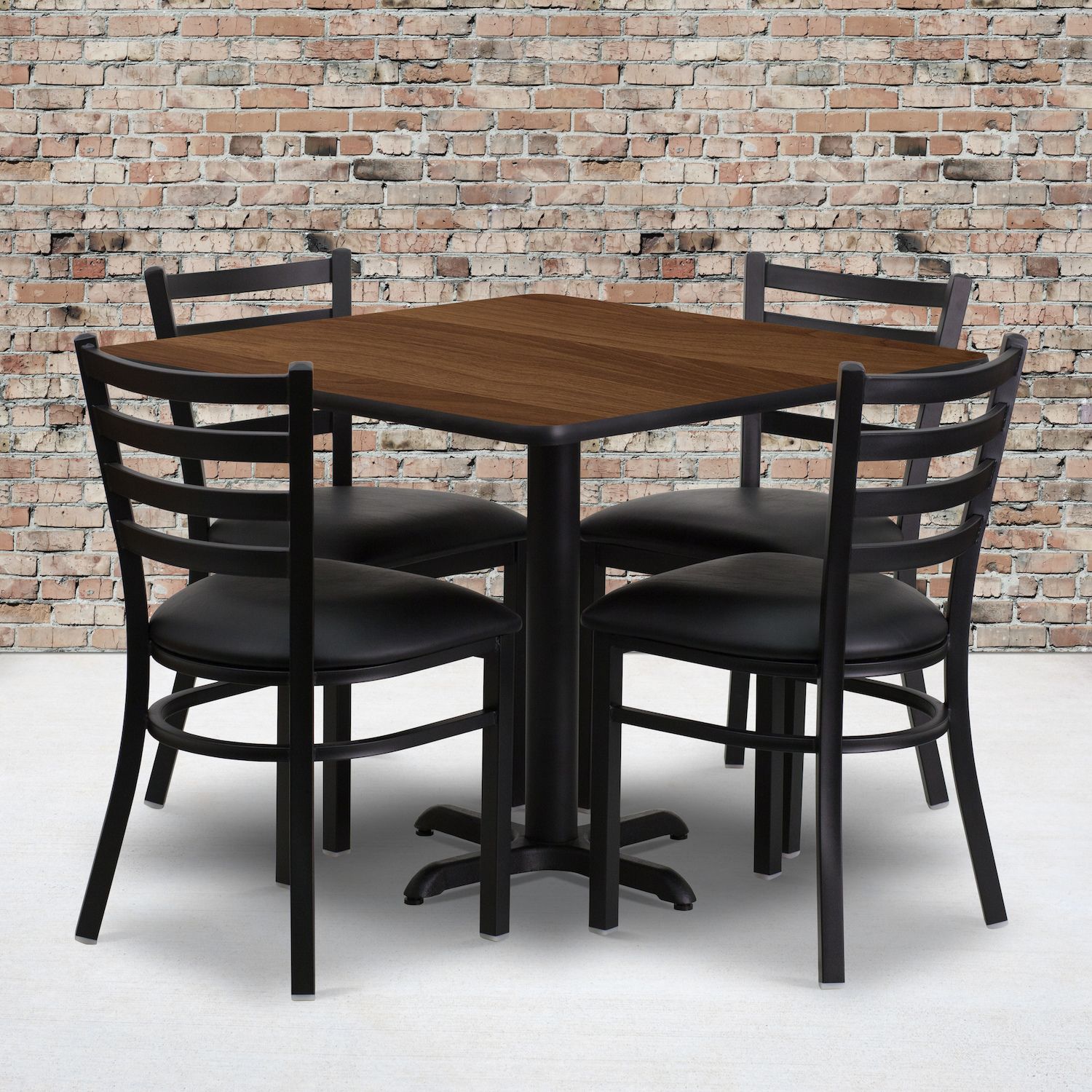 Emma and Oliver 36SQ Walnut Table Set-X-Base and 4 Ladder Back Chairs，Black Seat