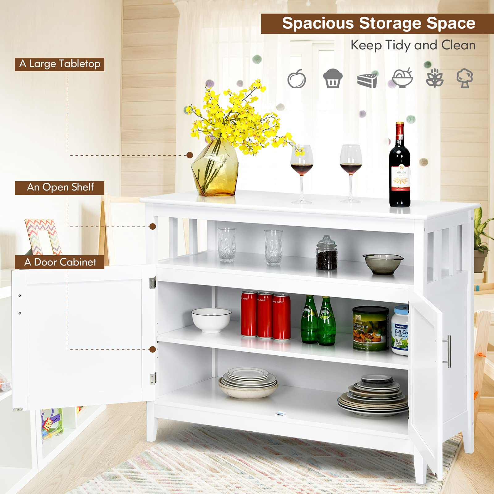 Free Standing Storage Chest with 2 Level Cabinets and Open Shelf, Adjustable Middle Shelf