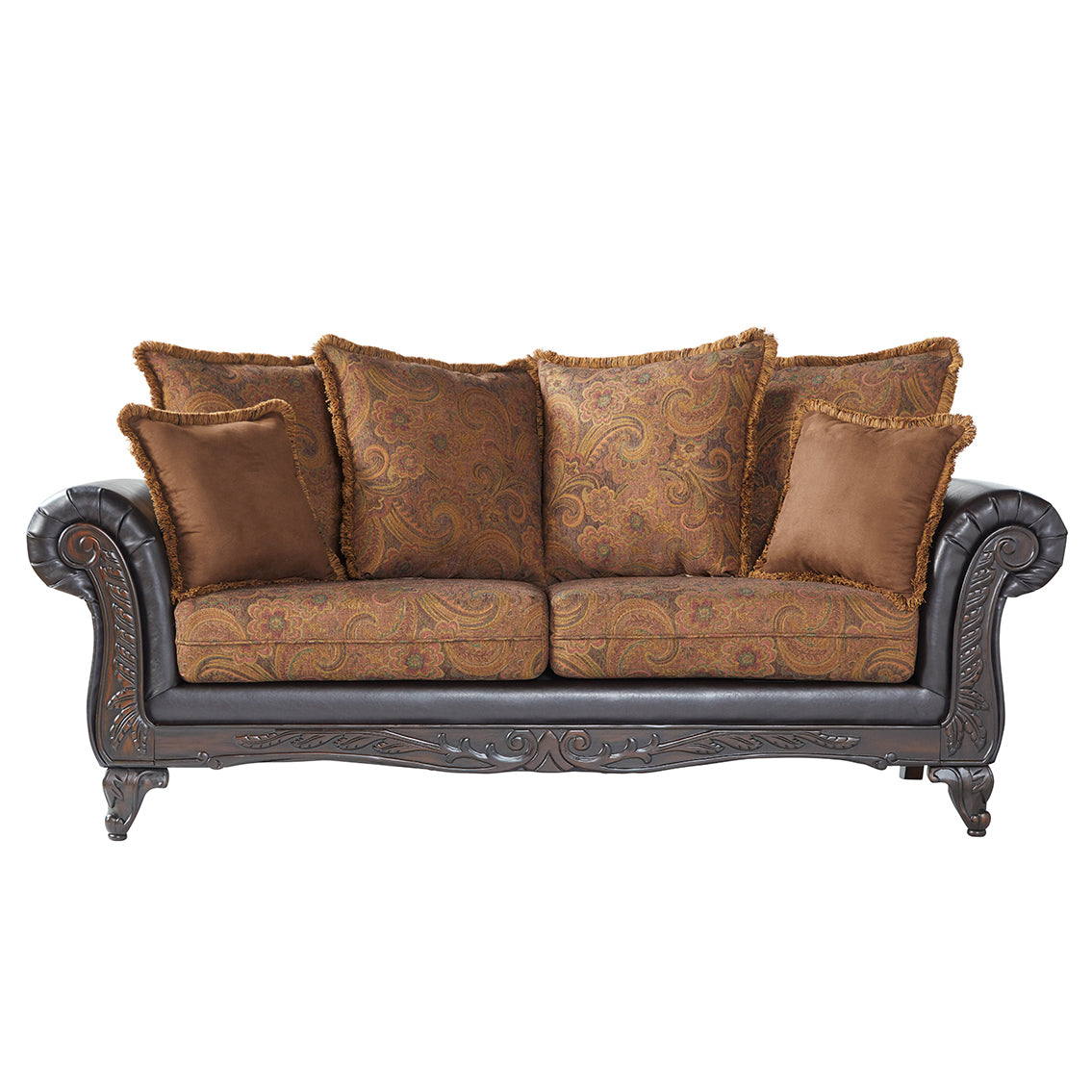 Roundhill Furniture San Marino Traditional Wood Frame Pillow Back Sofa and Loveseat Set, Fabric Upholstery, Chocolate