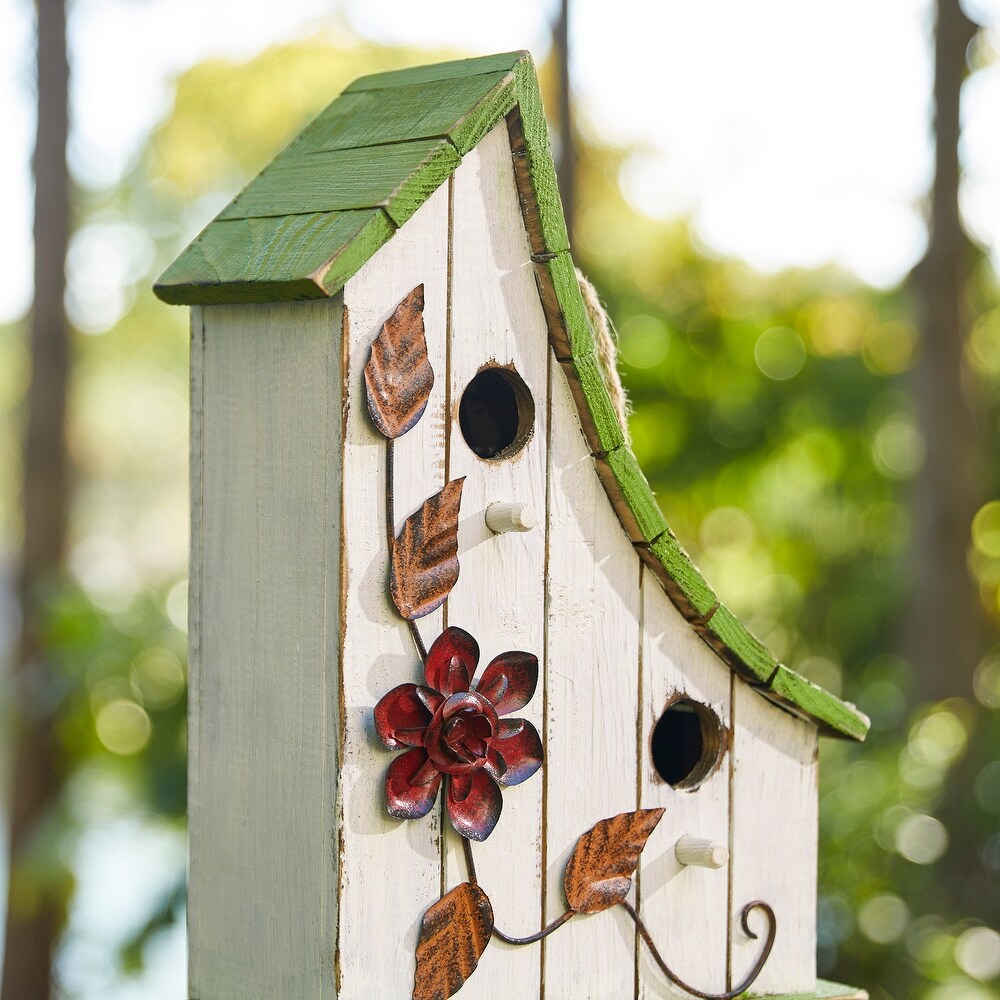 Glitzhome 13''H Distressed Solid Wood Birdhouse with flowers   13\