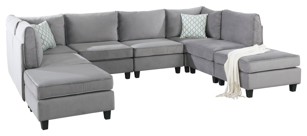 Zelmira Gray Velvet 8 Piece Modular Sectional Sofa  Corner Couch With Ottoman   Transitional   Sectional Sofas   by Lilola Home  Houzz