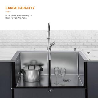 Glacier Bay AIO Dolancourt 33 in. Drop-inUndermount Double Bowl 18 Gauge Stainless Steel Kitchen Sink with Pull-Down Faucet VDR3322A0PA1