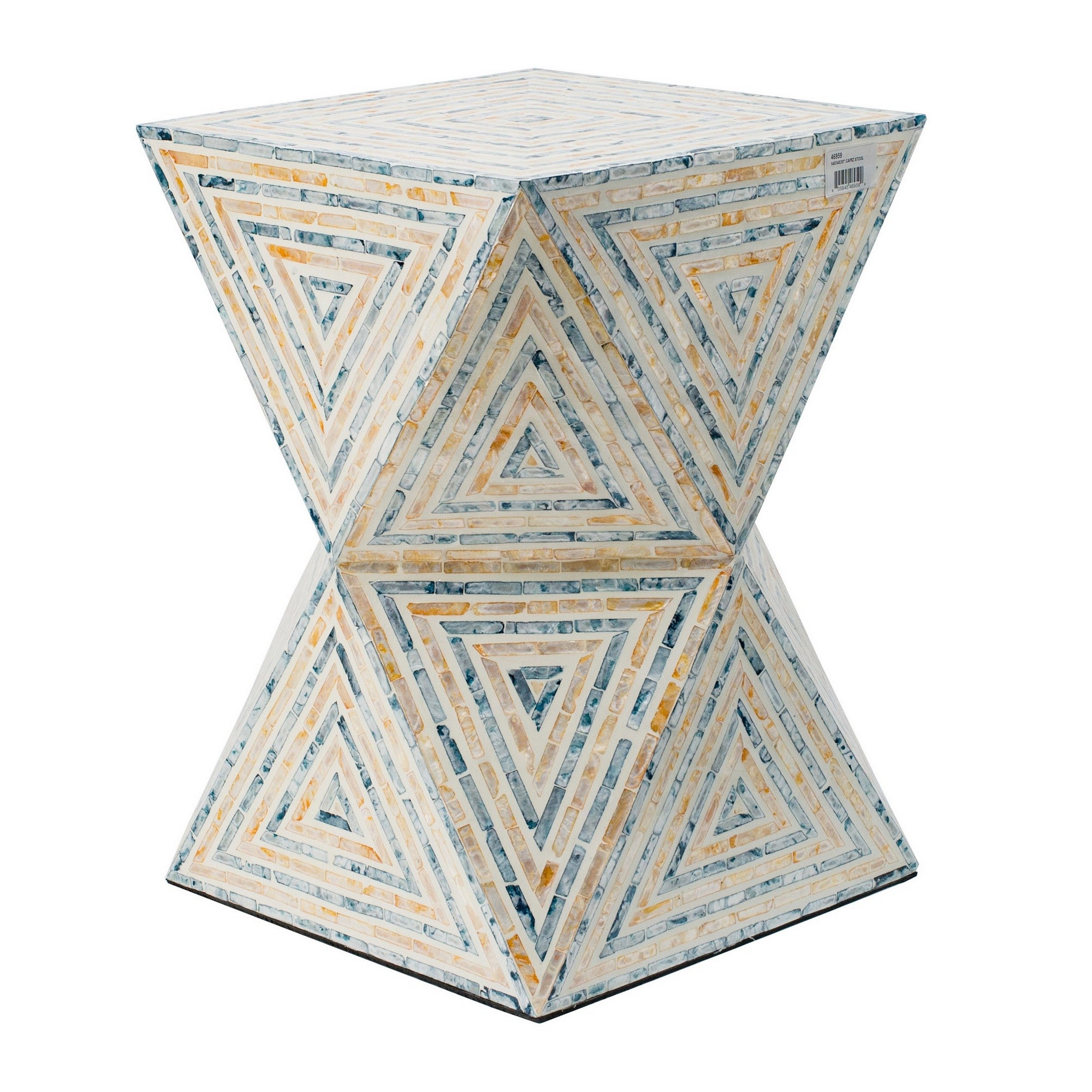 20 Inch Capiz Accent Stool Table， Hourglass Triangular， Off White Ivory