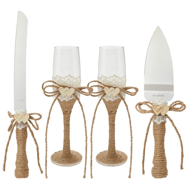 Juvale 4 Piece Rustic style Wedding Cake Knife And Server Set With Champagne Glasses For Bride And Groom Country Theme Wedding Supplies