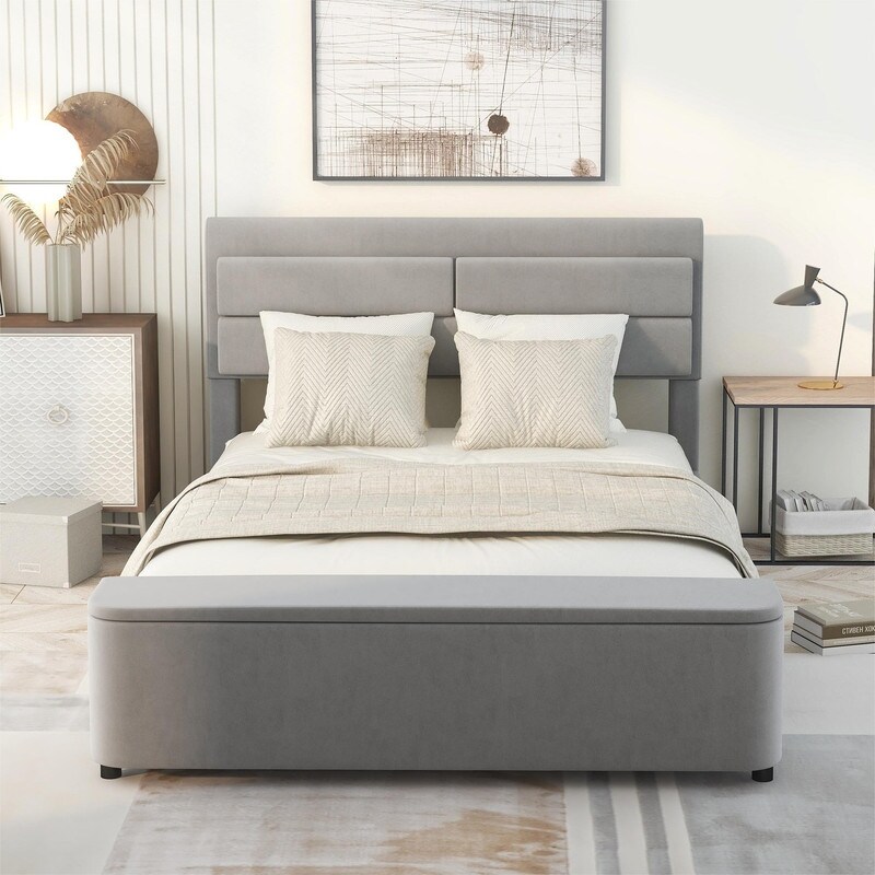 Full Size Upholstered Platform Bed with Storage Headboard and Footboard