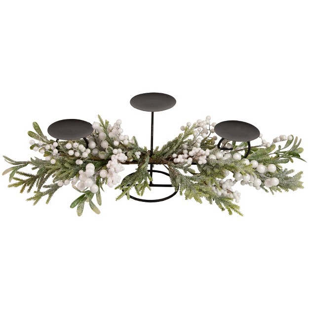 Triple Candle Holder With Frosted Foliage And Berries Christmas Decor