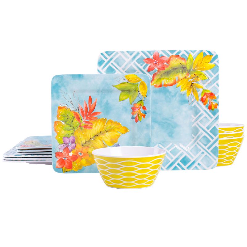 Laurie Gates Tropicalla 12 Piece Square Melamine Dinnerware Set