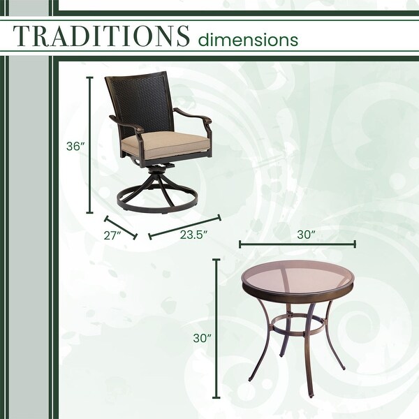 Hanover Traditions 3Piece Dining Set with 2 Wicker Back Swivel Rockers and 30 in. Round GlassTop Table