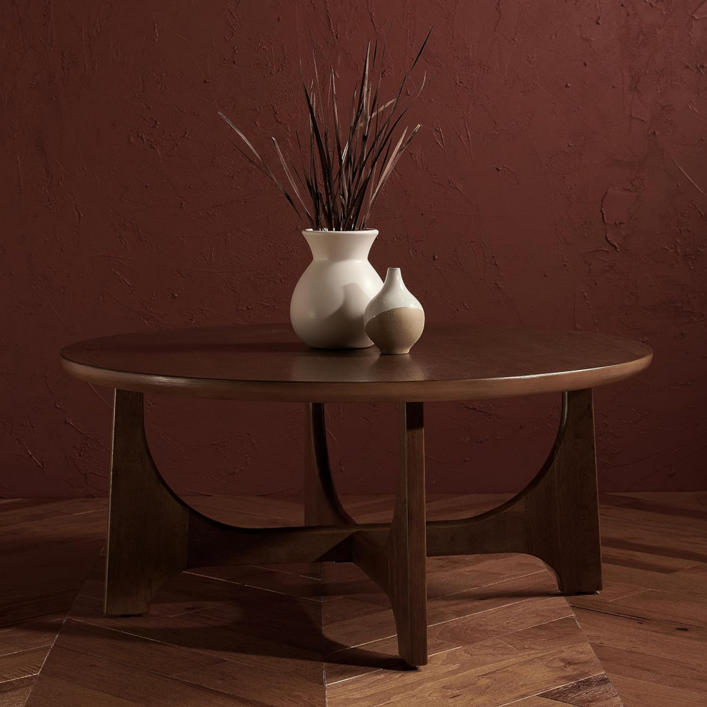 Retro Modern Coffee Table  Unique Crossed Base With Round Table  Medium Oak   Midcentury   Coffee Tables   by Decor Love  Houzz