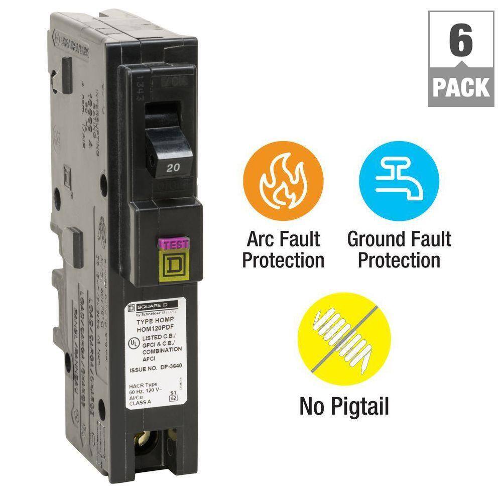 Square D Homeline 20 Amp Single-Pole Plug-On Neutral Dual Function (CAFCI and GFCI) Circuit Breaker (6-Pack) HOM120PDFC6