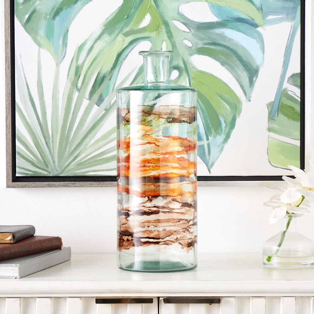 Clear Recycled Glass Abstract Spanish Bottle Vase with Swirled Colored Glass Bands