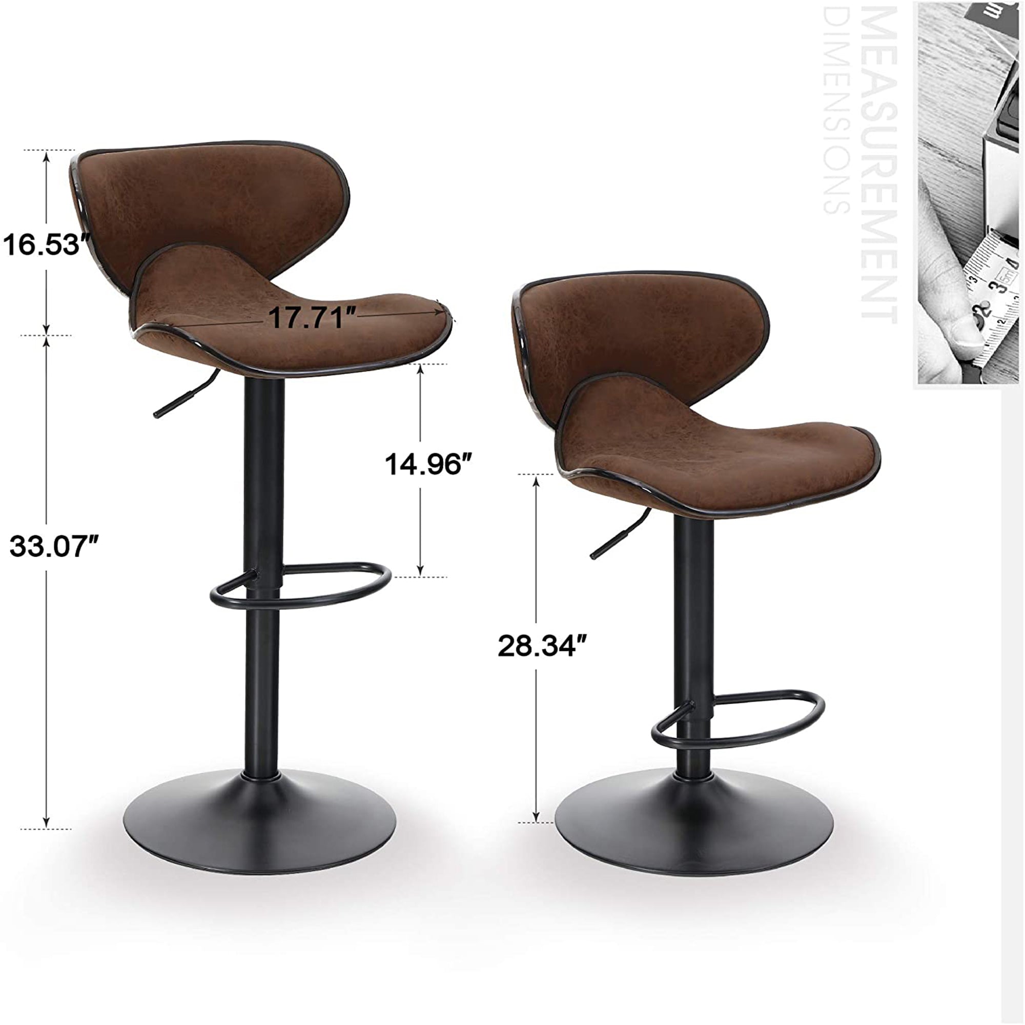 MF Studio 2PCS Metal Bar Stools Upolstered Counter Height Swivel Barstools with Back Support Adjustable Modern Pu Leather Seat and Back， Brown