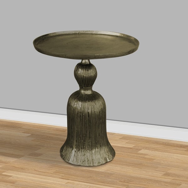 23 Inch Classic Vintage Accent Side Table， Round Tray Top， Aluminum， Pedestal Base， Ridges， Antique Brass