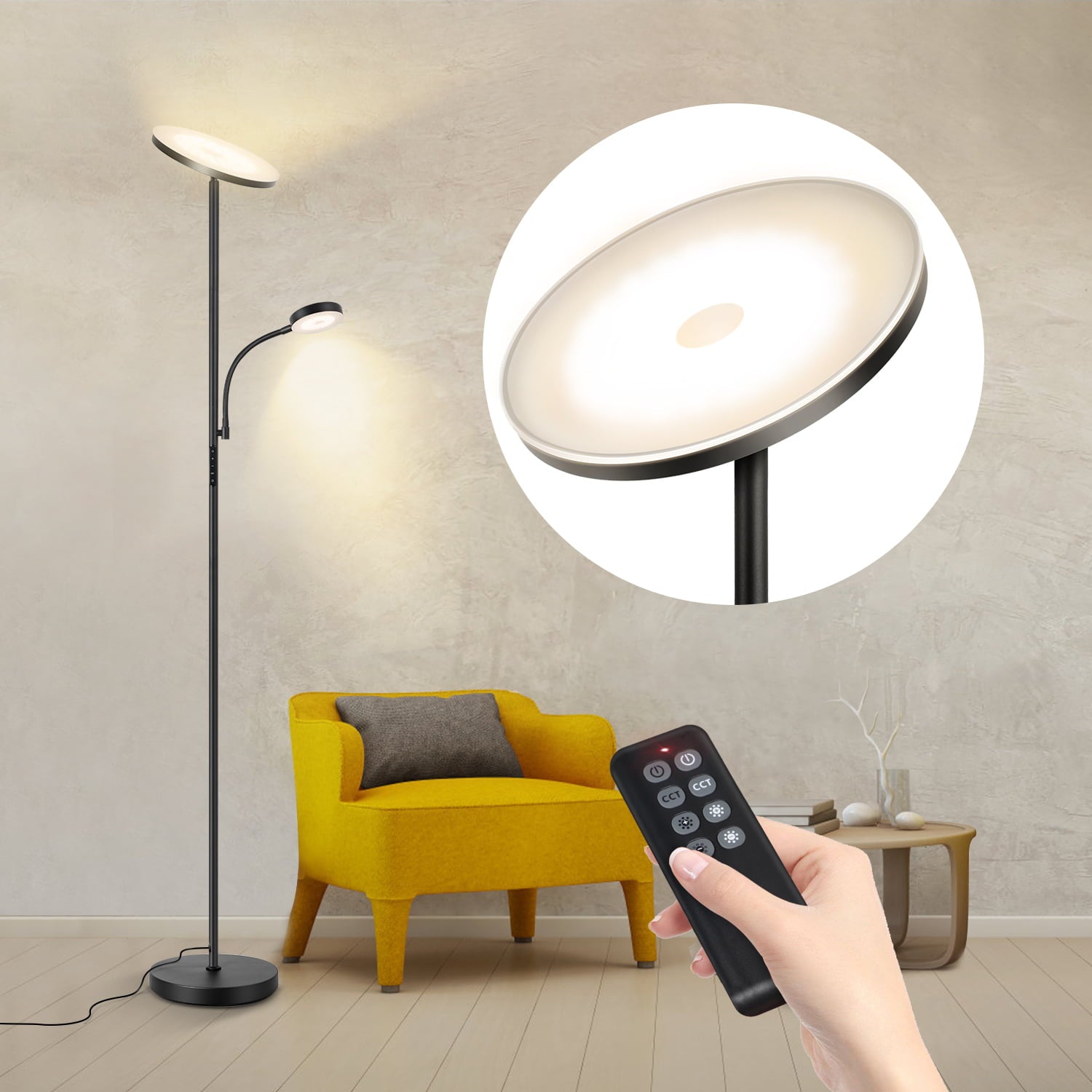 Outon LED Torchiere Floor Lamp with Reading Side Light, 4 Color Temperature Black Metal Standing Light for Living Room