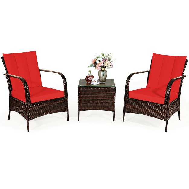 Costway 3 Pcs Patio Rattan Furniture Set Coffee Table amp 2 Rattan Chair W red Cushions