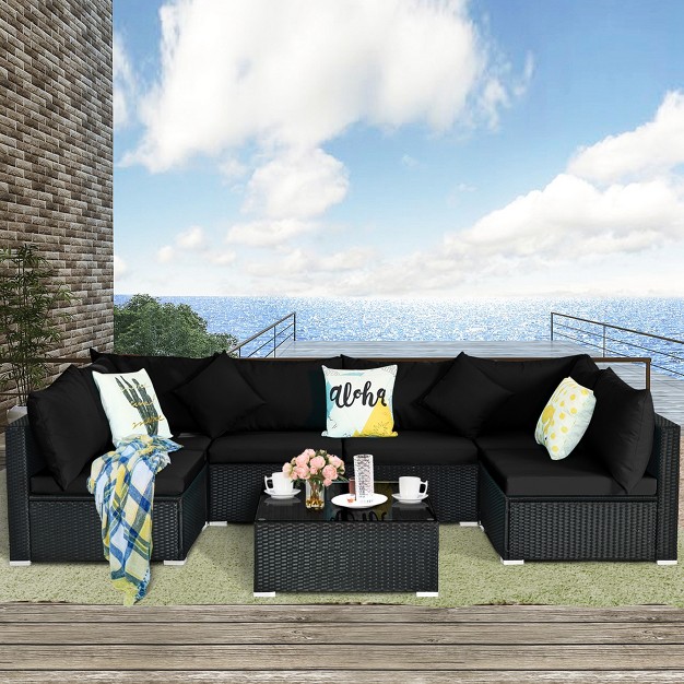 Costway 7pcs Patio Rattan Furniture Set Sectional Sofas Off White amp Black Cushion Covers