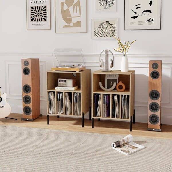 Record Player Stand with Record Storage Shelf and Charging Station