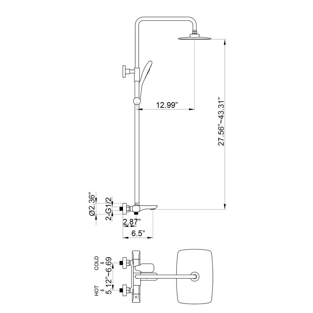 Flynama Modern Wall Bar Shower Kit 1-Spray 10 in. Square Rain Shower Head with Hand Shower in Matt Black (Valve Included) RB-RWST81001MB