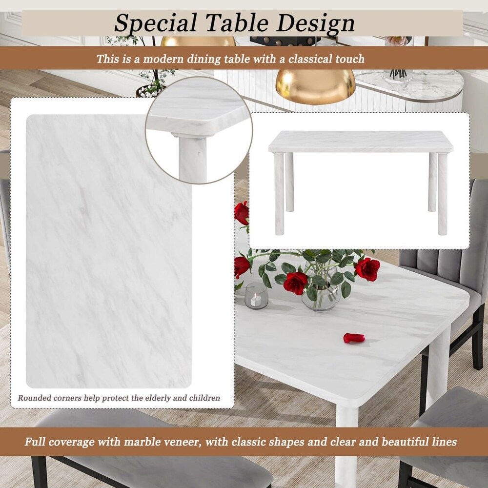 6 Piece Dining Table Set with Marble Veneer Table and 4 Upholstered Chairs   Bench