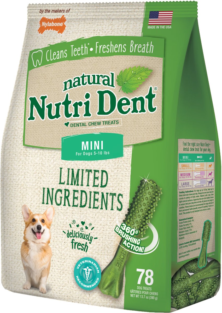 Nylabone Nutri Dent Limited Ingredients Fresh Breath Natural Dental Dog Treats， Mini， 78 count