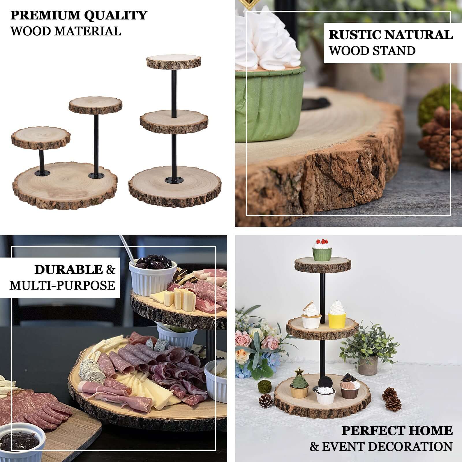 3-Tier Tower Natural Wood Slice Cheese Board Cupcake Stand, Rustic Centerpiece - Assembly Tools Included 19