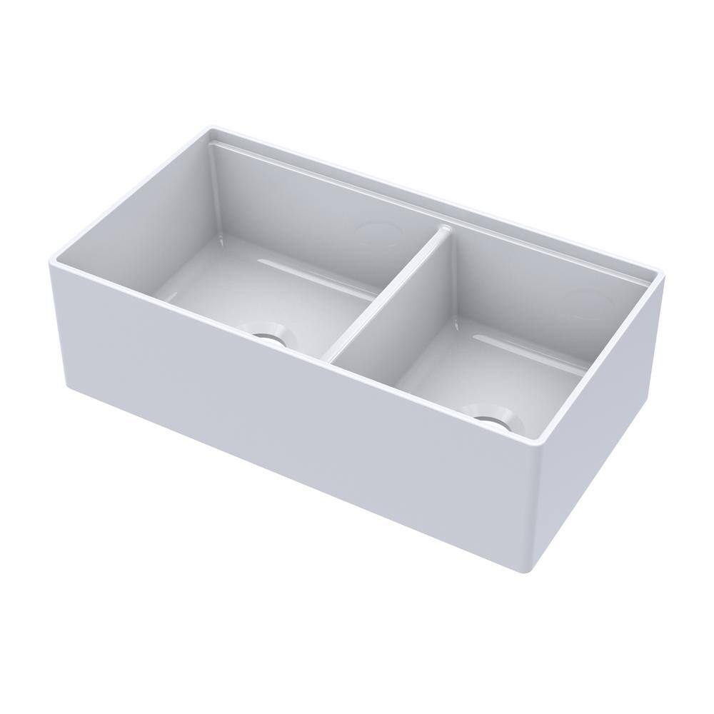 Barclay Products Maxwel White Fireclay 33 in. Double Bowl Farmhouse Apron Kitchen Sink with Accessory Ledge FSDB33AC-WH