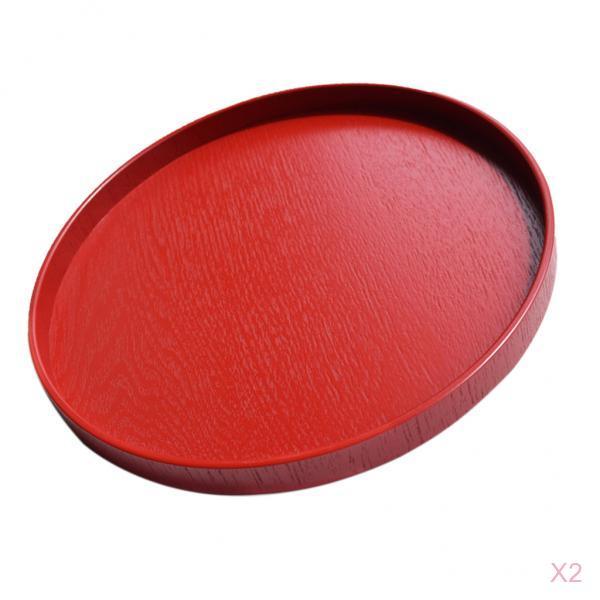 2x Round Wooden Plate Food Snack Serving Trays Salad Bowl Platter Red