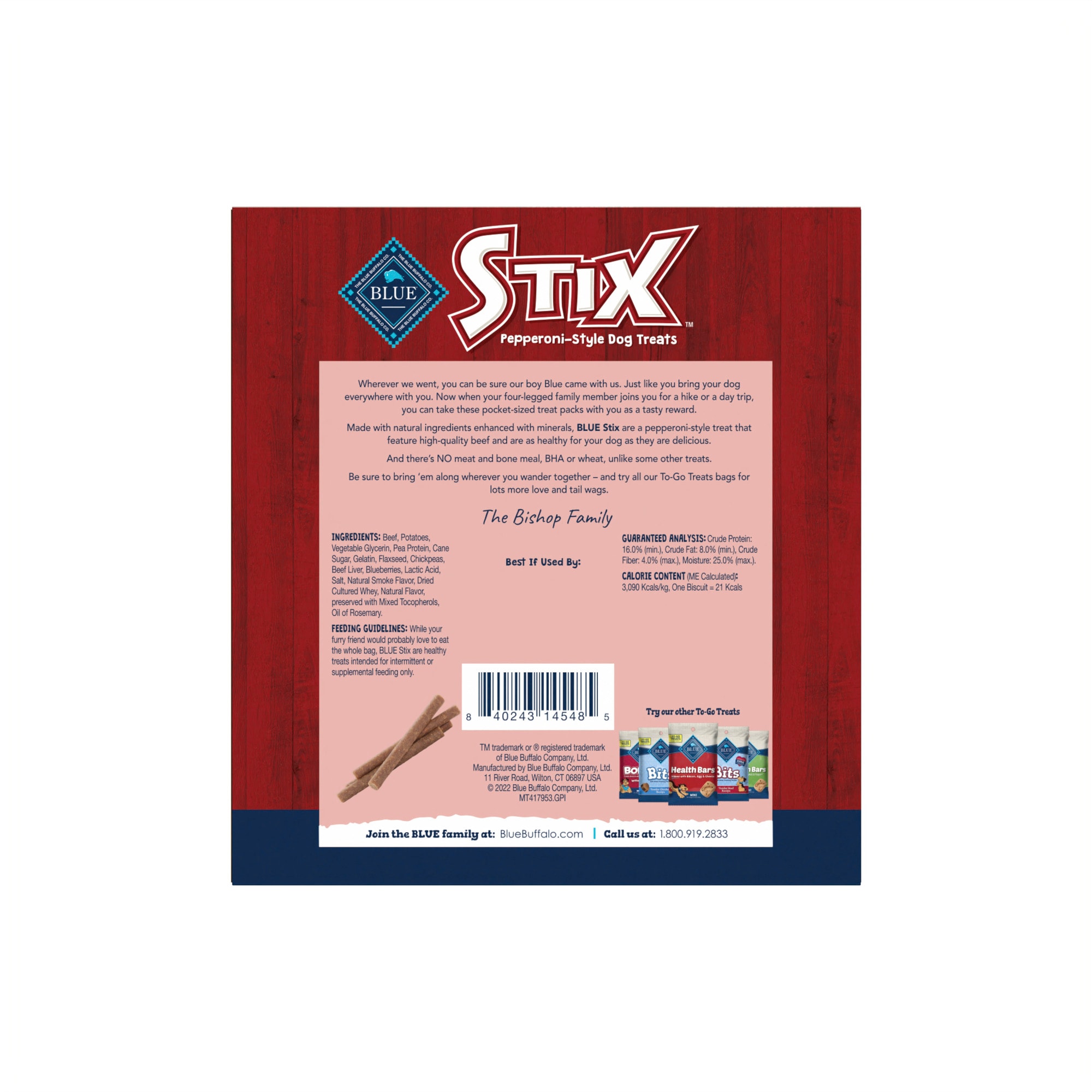 Blue Buffalo Stix Natural Soft-Moist TO-GO Beef Recipe Dog Stick Treats， 1.2 oz.， Count of 12